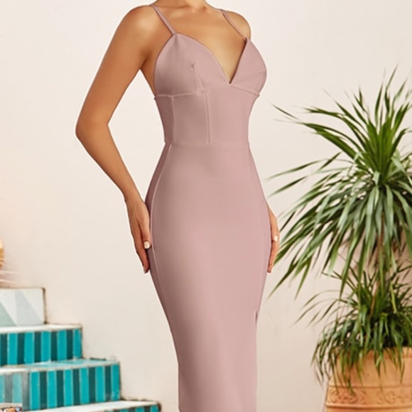 NEW! DESIGNER BEIGE BANDAGE DRESS ELEGANT COUTURE DRESS THIGH SLIT THIN STRAPS - Picture 4 of 6